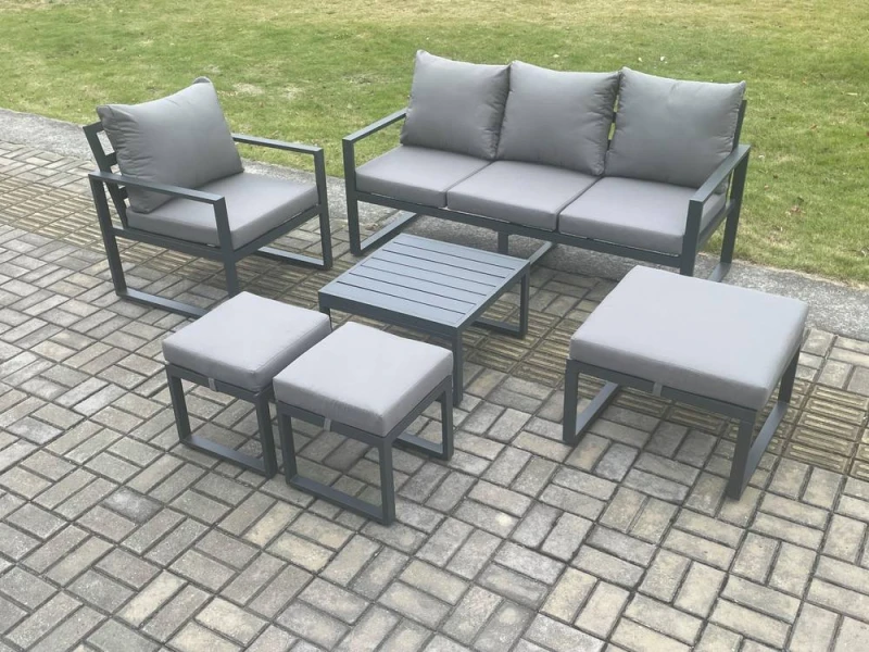 Image of Fimous Aluminium Outdoor Garden Furniture Set Lounge Sofa Chair Square Coffee Table Sets with 3 Footstools Dark Grey Dark Grey Unisex