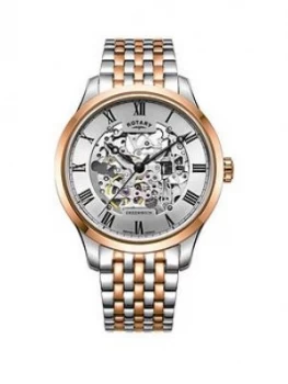 Image of Rotary Rotary Greenwich Silver And Rose Gold Detail Skeleton Automatic Dial Two Tone Stainless Steel Bracelet Mens Watch