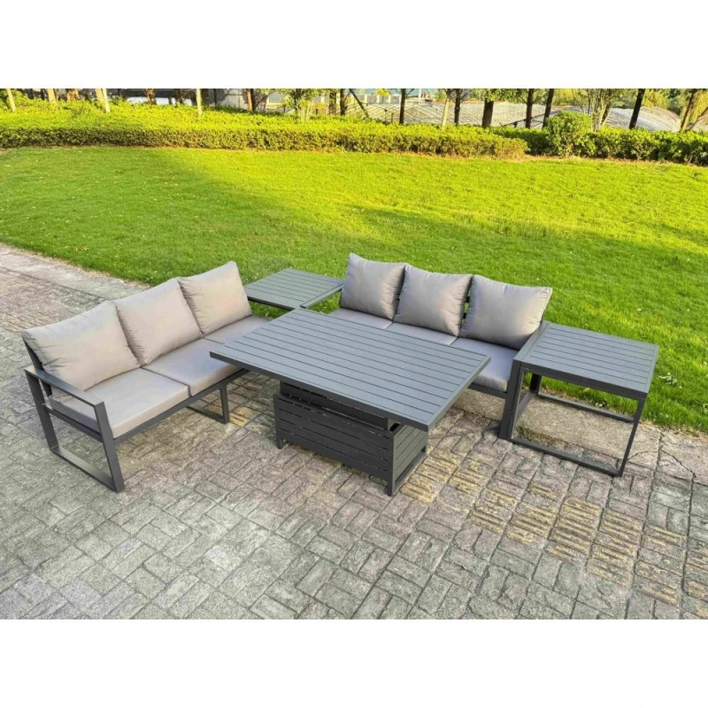 Image of Fimous Aluminum 5 Piece Sofa Set with Lifting Table, Cushions & 2 Side Tables in Dark Grey Dark Grey Unisex