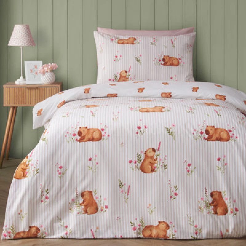 Image of Catherine Lansfield Happy Capy(Bara) Reversible Single Duvet Cover Set With Pillowcase Natural