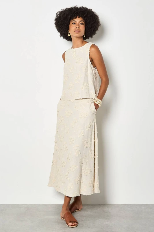 Image of Apricot Womens Embroidered Floral Linen Blend Midaxi Skirt in Stone Size: 8 Stone Female 8