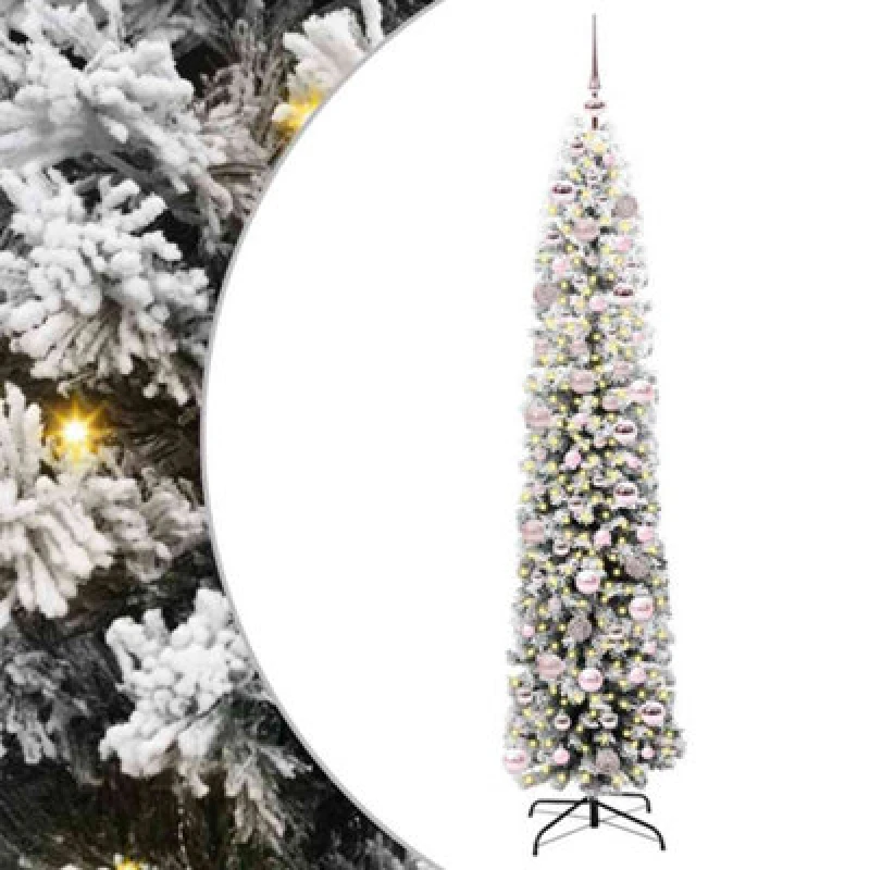 Image of vidaXL Artificial Christmas Tree with 300 LEDs, Pink Balls with Stand Snow Flocked Green 180 x 48 cm, Green 3395020