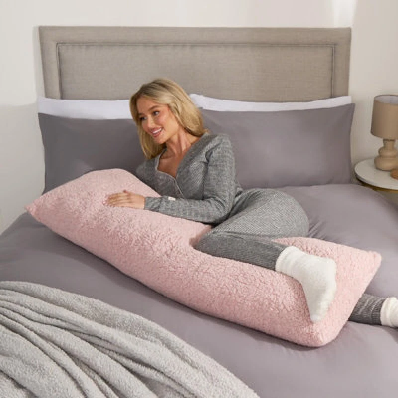 Image of OHS OHS Long Bolster Pillow Teddy Fleece Body Neck Pregnancy Support Cushion in Pink Pink One Size Unisex 5027434187287