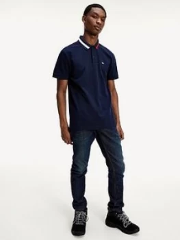 image of Tommy Jeans Flag Neck Polo Shirt - Navy, Size XS, Men