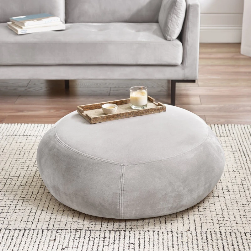 Image of FurnitureboxUK FurnitureboxUK Otis Round Soft-Touch Velvet Footstool in Taupe One Size Unisex 5056542695124