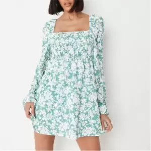 Missguided Floral Print Shirred Mini Dress - Green