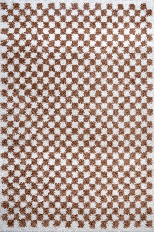 Image of THE RUGS Moodi Chequered Shaggy Soft High Pile Living Room Rug & Runner in Terracotta Size: 80cm x 150cm Terracotta Unisex 80cm x 150 cm