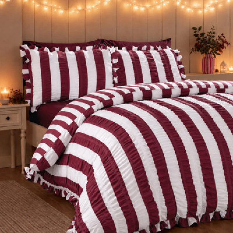 Image of Catherine Lansfield Seersucker Frill Stripe Single Duvet Cover Set With Pillowcase Plum