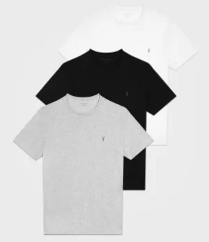 Image of AllSaints Mens Cotton Slim Fit Pack of 3 Tonic Crew T-Shirts, White, Black and Grey, Size: S