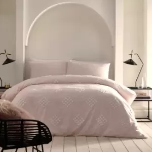 Image of Boutique Diamond Tuft Embellished 100% Cotton Duvet Cover Set, Blush/White, Double - Appletree