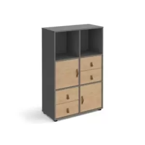 Image of Universal cube storage unit 1295mm high on glides with 2 cupboards and 2 sets of drawers - grey with oak inserts