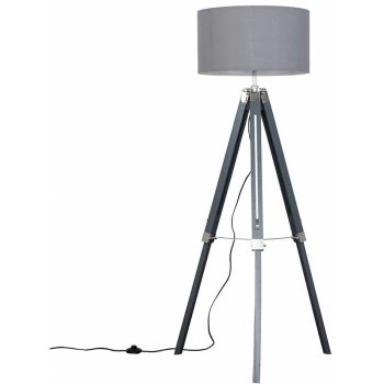 Image of Grey & Chrome Tripod Floor Lamp with Drum Shade - Grey