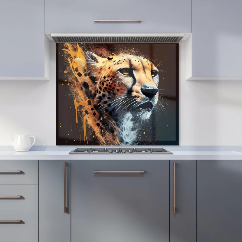 Image of Warren Reed - Designer Cheetah Face Splashart Dark Background Kitchen Splashback in Yellow Size: 600mm x 750mm Yellow Unisex 600mm x 750mm