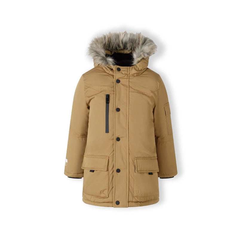 Image of Minoti Boys long parka with fur hood and chest pocket beige Camel male 5-6 Yrs