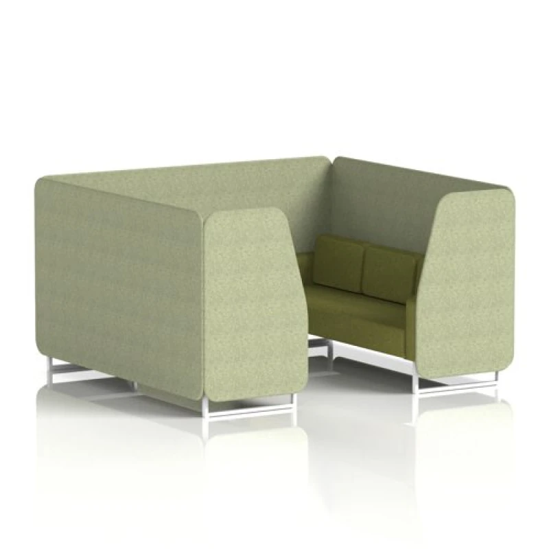 Image of Brixworth 6 Seater Office Booth with Front Panel - White Legs in Rivet Fabric - Burnish Panels and Olive Sofa