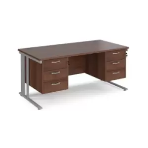 image of Office Desk Rectangular Desk 1600mm With Double Pedestal Walnut Top With Silver Frame 800mm Depth Maestro 25 MCM16P33SW