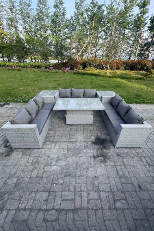 Image of Fimous U Shape Rattan Garden Furniture Set Adjustable Rising Lifting Table 2 PC Side Coffee Tea Table Light Grey