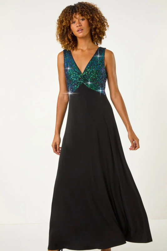 Image of Roman Womens Contrast Sequin Bodice Maxi Dress in Green Size: 16 Green Female 16