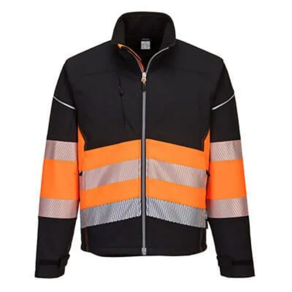 Image of Portwest PW3 Mens Hi Vis Class 1 Softshell Jacket PW375BKOM Colour: Black / Orange