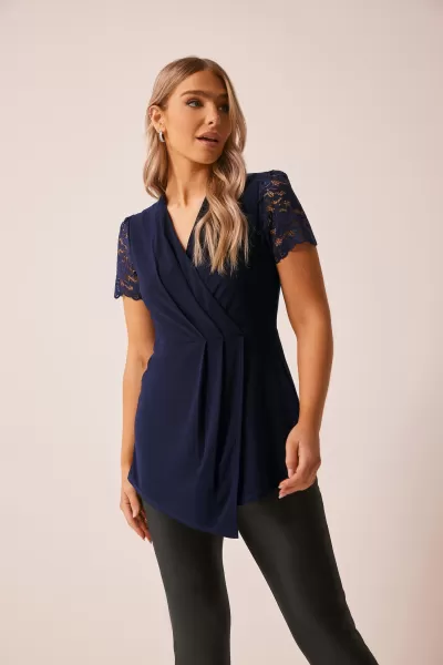 image of M&Co Navy Asymmetric Lace Sleeve Wrap Top, Blue, Size 12, Women