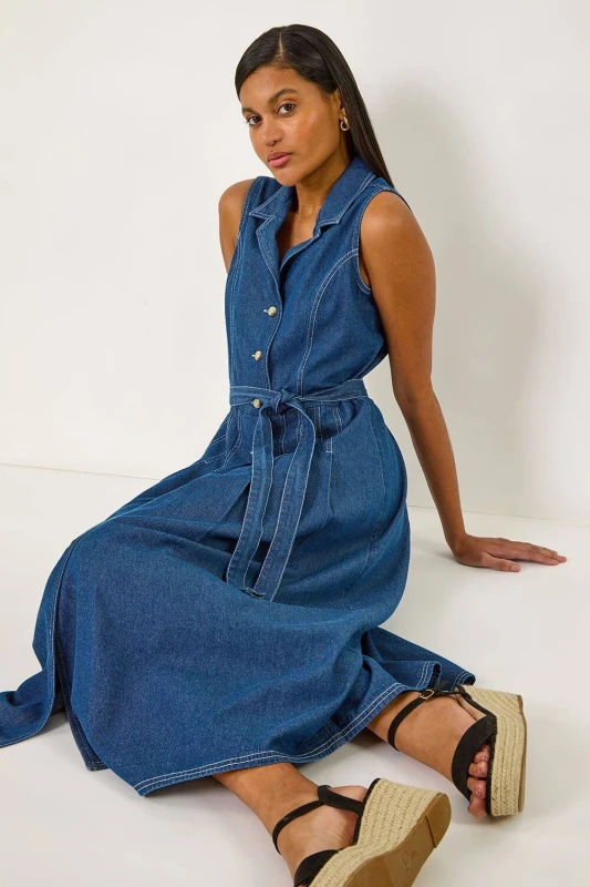 Image of Roman Womens Denim Button Through Midi Dress in Mid Blue Size: 18 Mid Blue Female 18