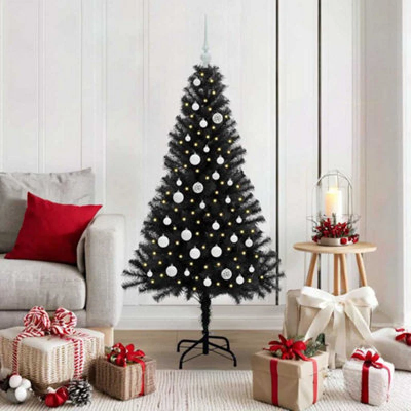 Image of vidaXL Christmas Tree with 150 LEDs, White Balls with Stand Black 150cm PVC, Black 3396468