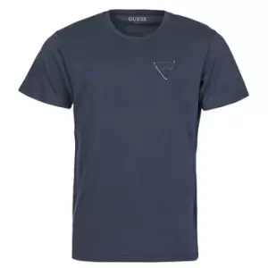 image of Guess LOGO ORGANIC BASIC CN SS TEE mens T shirt in Blue. Sizes available:S,M,L,XL,XS