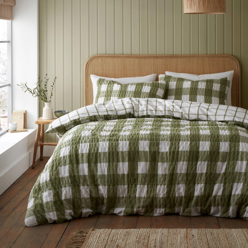 Image of Catherine Lansfield Brushed Seersucker Gingham Duvet Cover Set Duvet Cover Sets Single Green 70617115010