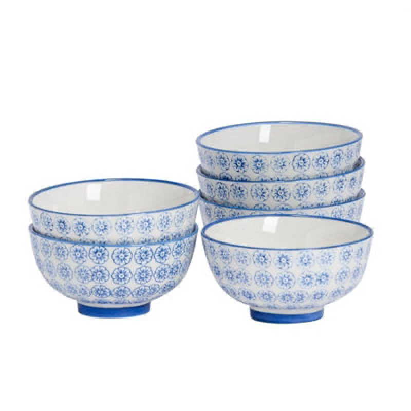Image of Nicola Spring Hand-Printed Rice Bowls - 12Cm - Navy - Pack Of 6