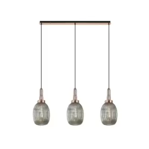 image of Yorktown Linear 3 Light Ceiling Pendant E27 With 20cm Almond Ribbed Glass, Smoked Copper, Matt Black