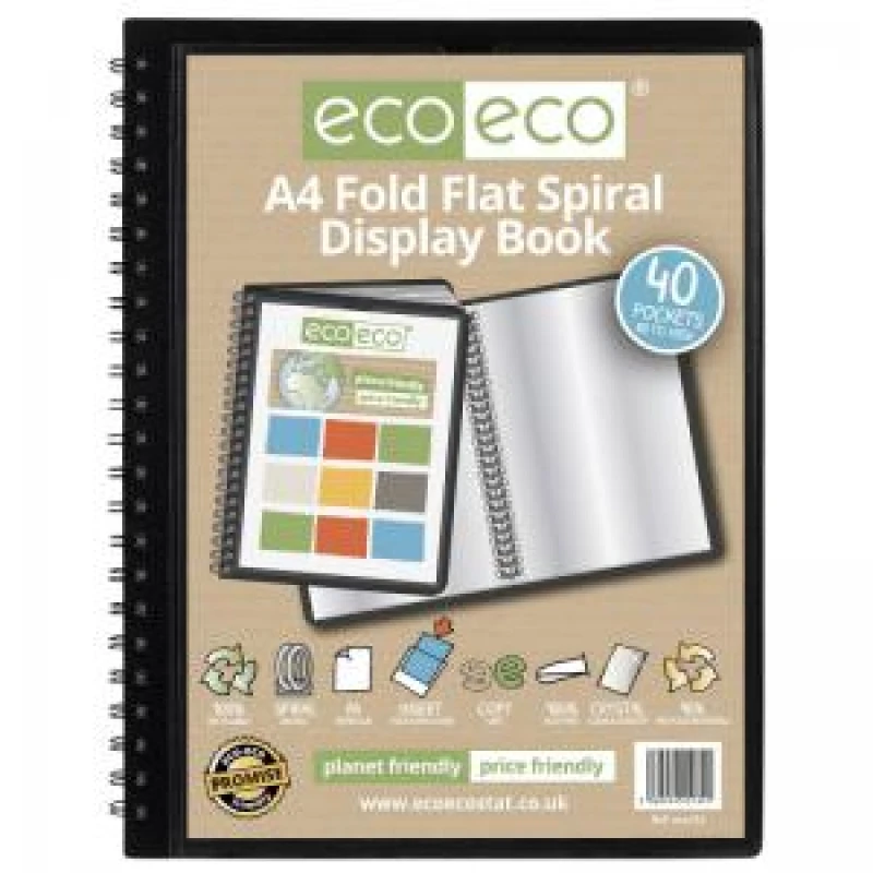 Image of Eco Eco 50% Recycled Fold Flat Spiral Display Book 40 Pockets A4 Black eco134-S