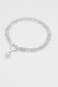 image of Silver Crystal Diamante Pearl Charm Choker Necklace