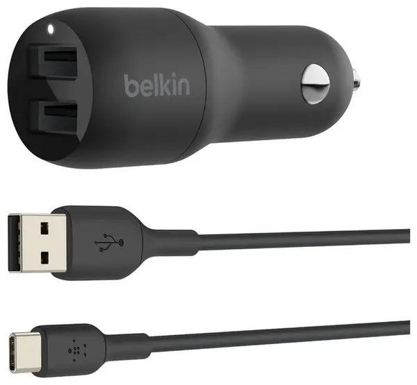 image of Belkin Boost Charge Dual USB-A Car Charger 24W + USB-A to USB-C Cable CCE001bt1MBK