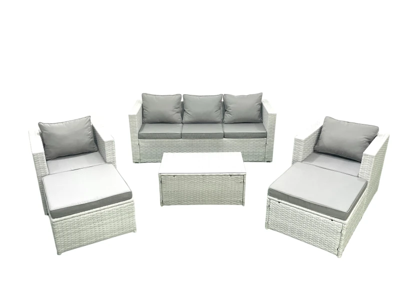 Image of Fimous 7 Seater Rattan Garden Furniture Set with 3 Seater Sofa 2 Chair Rectangular Coffee Table 2 Big Footstools Light Grey Mixed Light Grey