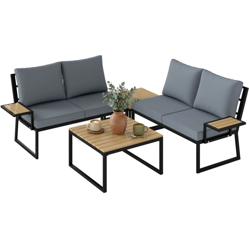 Image of OUTSUNNY 4 Seater Metal Garden Furniture Sofa Set, Nesting Tables, Teak in Brown Brown Unisex