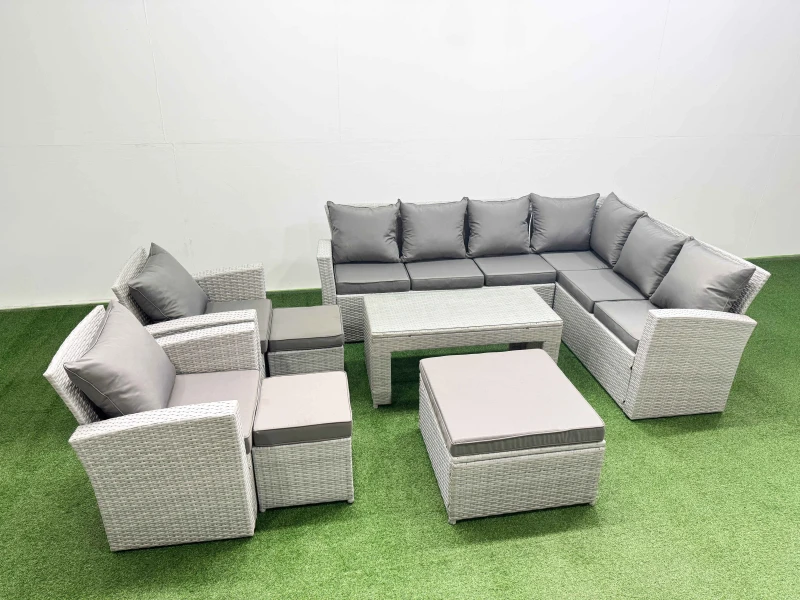 Image of Fimous Rattan Furniture Set 8 Pieces Outdoor Sofa Coffee Table with 2 Chairs in Light Grey Light Grey Unisex