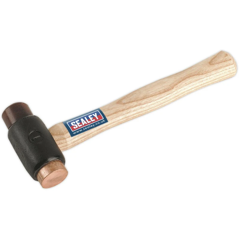 Image of Loops 1.5lb Copper and Rawhide Faced Hammer - Hickory Wooden Shaft - Iron Head Copper