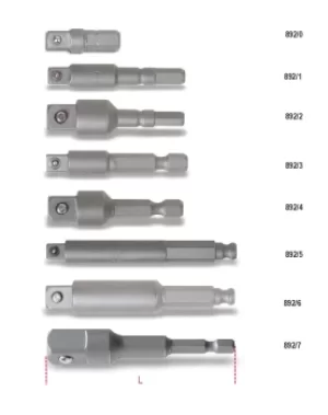 image of Beta Tools 892/7 1/2" Square Drive 1/4" Hex Bit Adaptor for Drivers L: 75mm