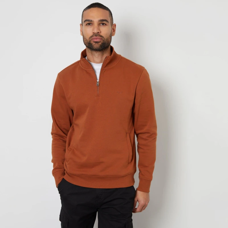 Image of Threadbare Mens Oatmeal Marl Quarter Zip Sweatshirt Terracotta
