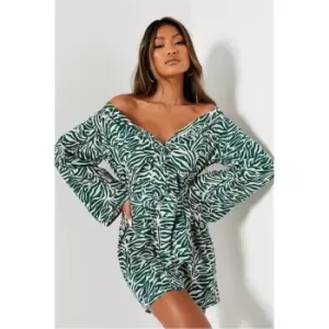 Image of I Saw It First Green Zebra Print Bardot Belted Dress - Green