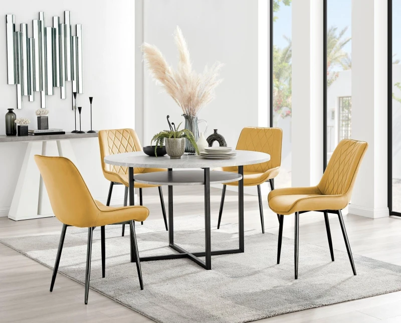 Image of FurnitureboxUK FurnitureboxUK Adley Grey Concrete Effect And Black Round Dining Table with Shelf and 4 Velvet Pesaro Dining Chairs in Mustard Mustard