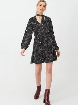 Image of Oasis Star Pussybow Skater Dress - Black/White, Mono, Size XS, Women