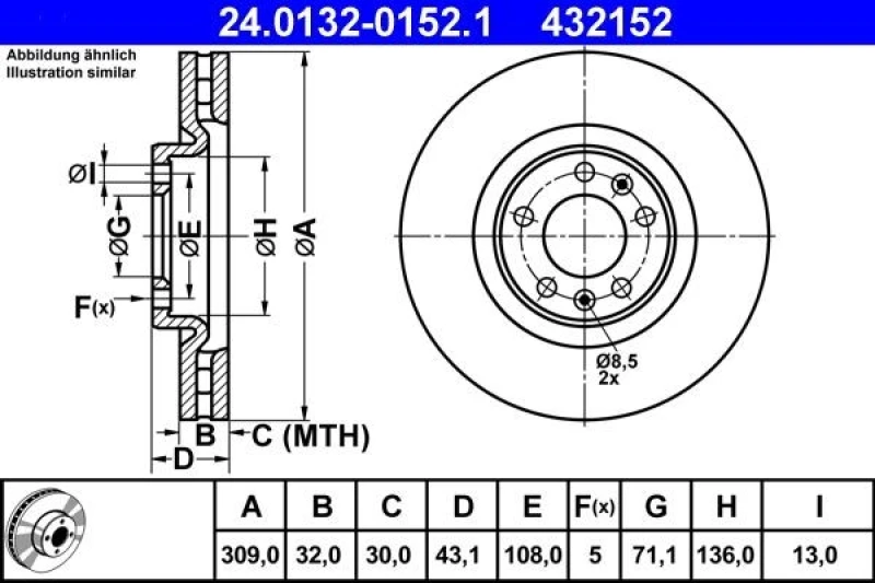 Image of ATE 24.0132-0152.1 Brake disc Vented Brake Disc (82)
