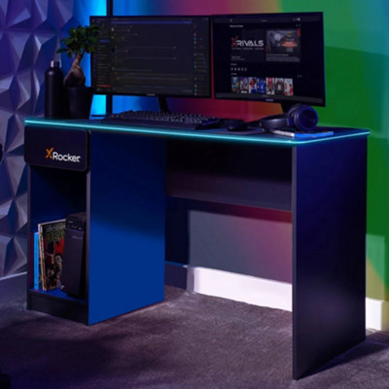 Image of X Rocker White Carbon Tek Gaming Desk With Wireless Charging and Neo Fibre LED Blue