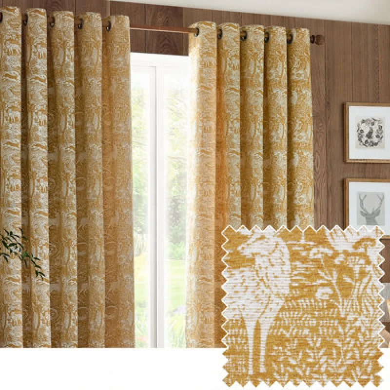 Image of Winter Woods Animal Chenille Eyelet Curtains Ochre, Ochre / 117 x 137cm