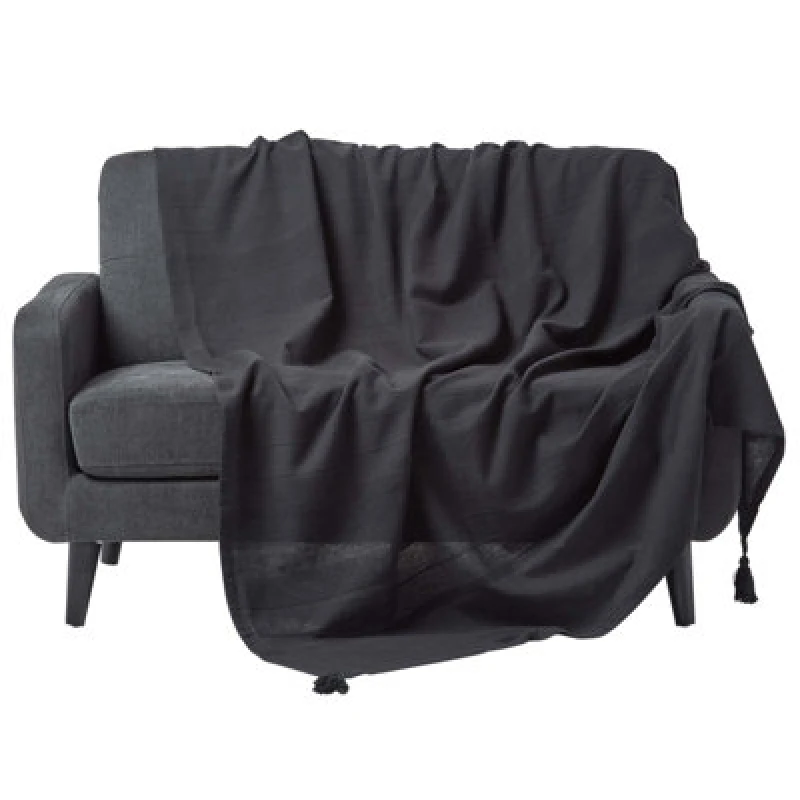 Image of Homescapes Cotton Rajput Ribbed Black Throw, 255 X 360 Cm