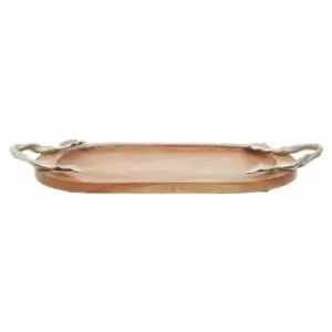 Image of Interiors By Ph Oval Serving Tray, Acacia Wood, Aluminium Leaf Handles