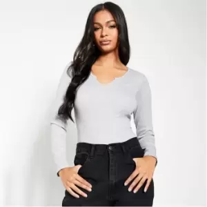 Image of I Saw It First Cotton Rib Notch Front Long Sleeve Bodysuit - Grey