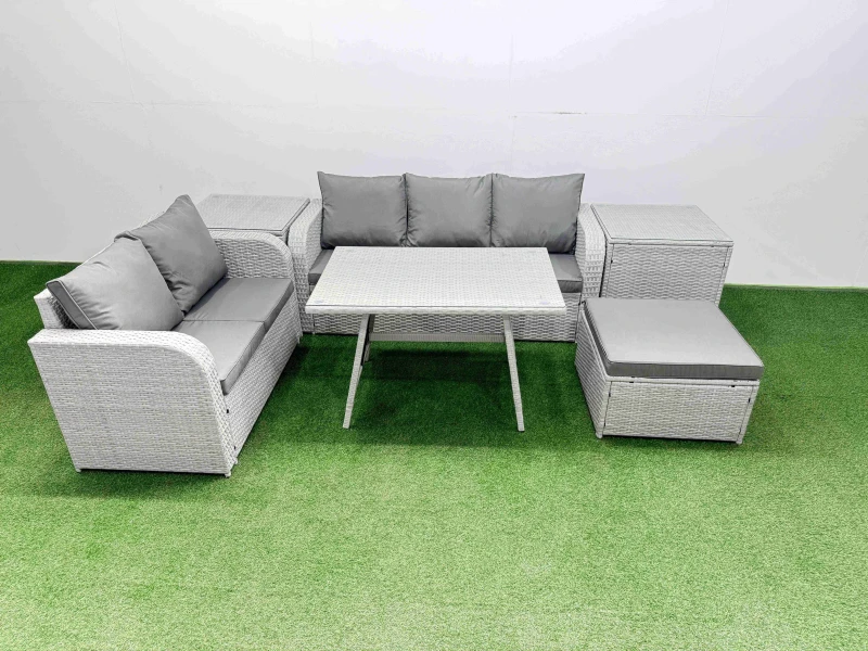Image of Fimous Rectangular Dining Table Sofa Set with Stool 2 Side Table Light Grey Light Grey Unisex