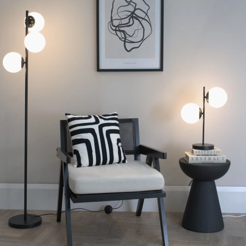 Image of ValueLights Jas Opal White Frosted Glass Globe Shades 3 Way Floor Lamp with LED Bulbs Black